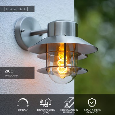 Lucide ZICO - Wandlamp Binnen/Buiten - Ø 21,8 cm - 1xE27 - IP44 - Mat chroom